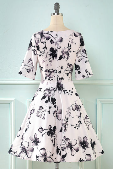 V cuello media mangas vestido vintage estampado en blanco